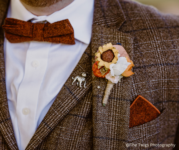 Charlie Rusty Burnt Orange Wool Bow Tie and Otto Rust Cream & Green Floral Print Pocket Square Set