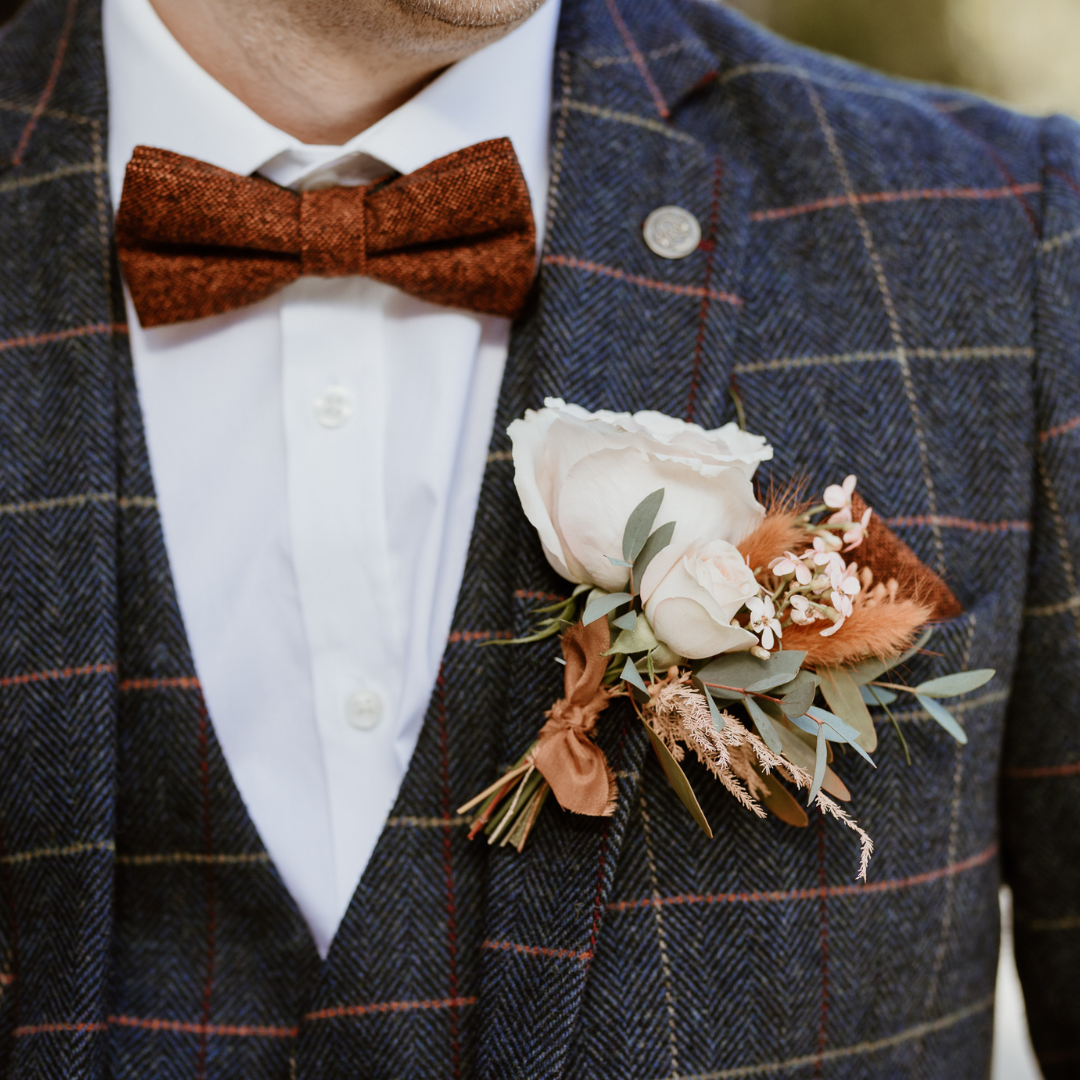 Charlie Rusty Burnt Orange Wool Bow Tie and Otto Rust Cream & Green Floral Print Pocket Square Set