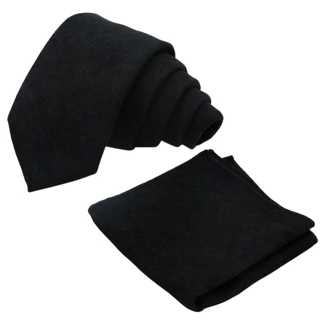 Felix Matt Black Cotton Blend Tie & Matching Pocket Square Set