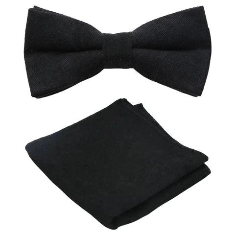 Felix Matt Black Cotton Blend Bow Tie & Matching Pocket Square Set