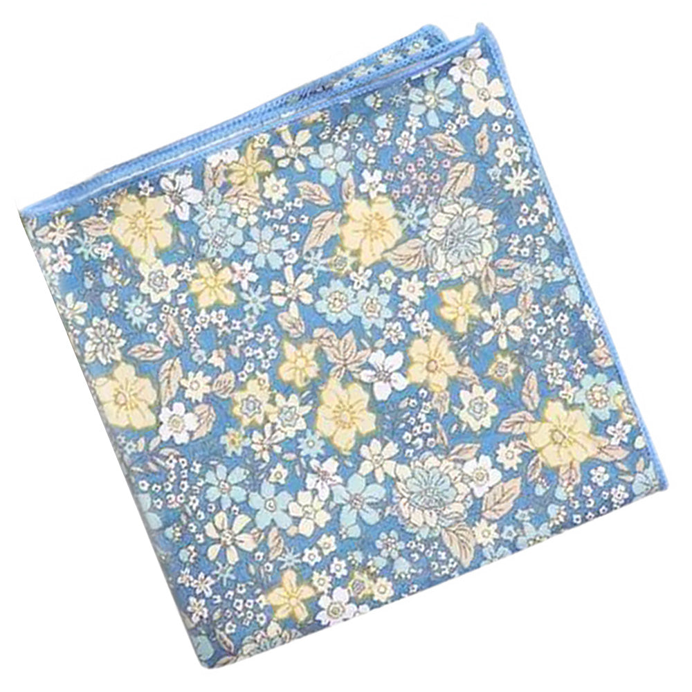 Bright Turquoise Blue Cotton Tie & Lars Blue & Yellow Floral Pocket Square Set – Groomsmen Wedding Accessories