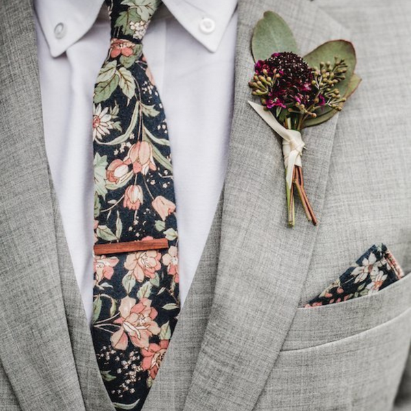 Margot Blue & Pink Floral Cotton Tie and Dusty Rose Pink Pocket Square Set