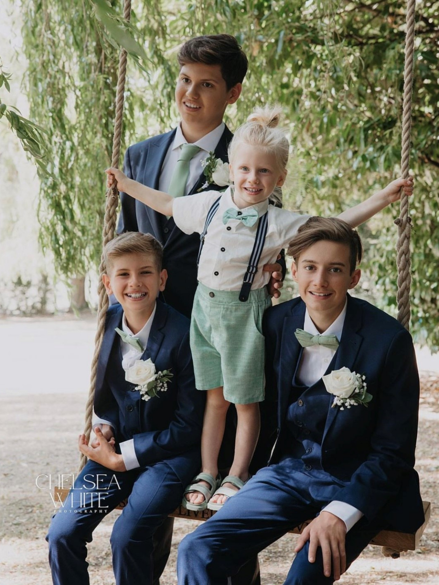 Harrison Sage Green Cotton Blend Groom & Page Boy Set - Adult Tie, Pocket Square & Children's Bow Tie