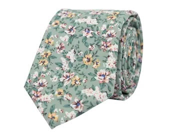 Isa Sage Green, Cream and Yellow Floral Tie and Eucalyptus Green Braces Set