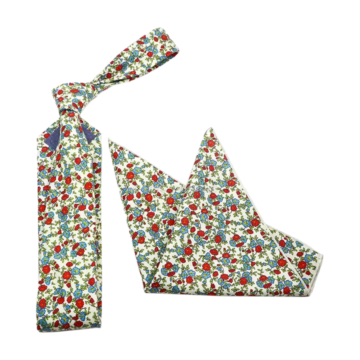 Ditsy Red and Blue Floral Cotton Tie and Pocket Square Set