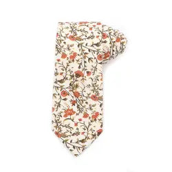 Otto Dusty Orange, Cream & Moss Greens Floral Print Tie, Pocket Square and Matching Cufflink Set