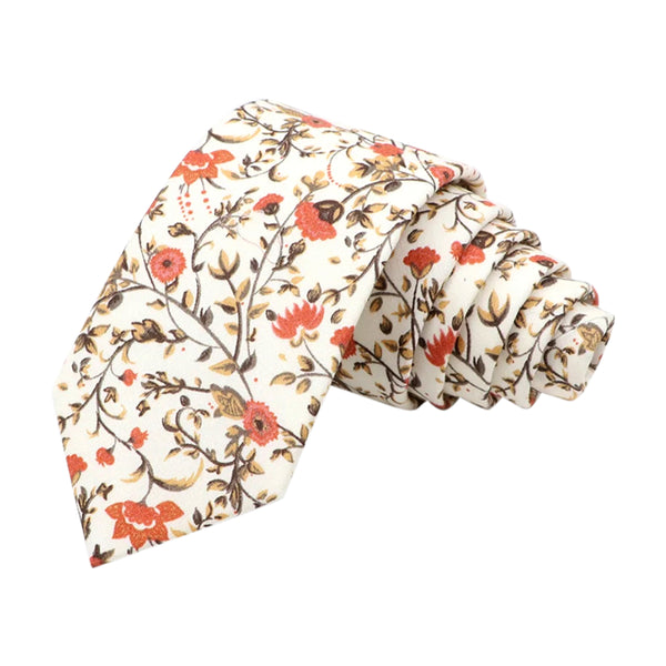 Otto Dusty Orange, Cream & Moss Greens Floral Print Tie, Pocket Square and Matching Cufflink Set