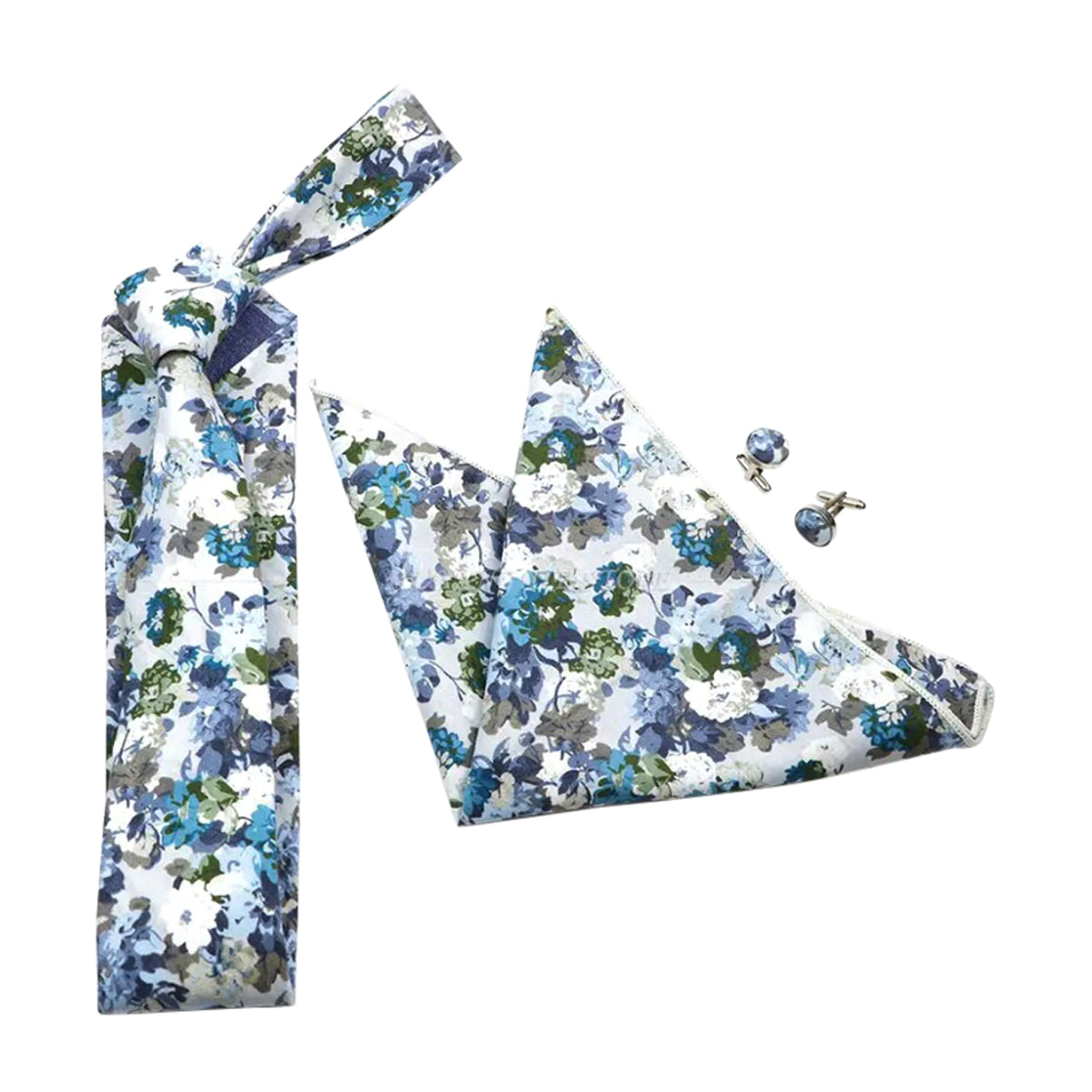 Argo Lilac, Blue and Green Floral Tie, Pocket Square and Matching Cufflink Set