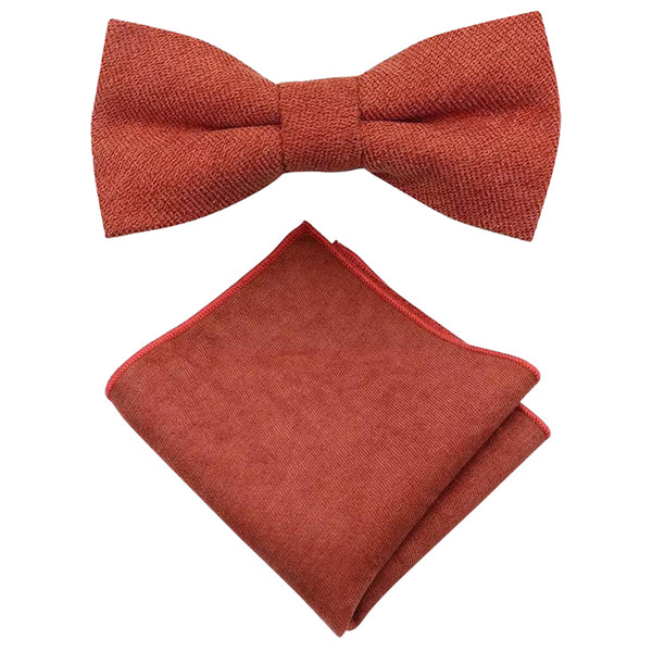 Bea Rusty Burnt Orange Adult Cotton Bow Tie, Pocket Square and Navy Blue Polka Dot Braces Set