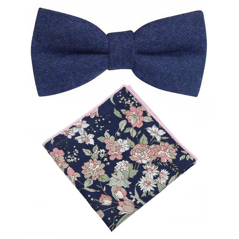 Arthur Navy Blue Pre-Tied Wool Bow Tie and Blue & Pink Floral Cotton Pocket Square Set