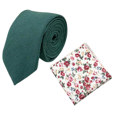 Gilbert Emerald Green Cotton Blend Tie and Cream & Pink Floral Pocket Square Set
