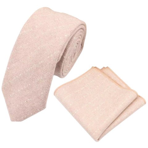 Elle Pink Herringbone Skinny Tweed Tie and Pocket Square Set
