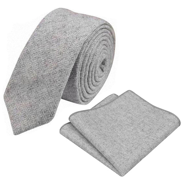 Laurie Light Grey Herringbone Adult Tweed Wool Tie and Pocket Square with Slate Grey Braces Set