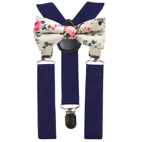 Olivia Boys Cream Floral Bow Tie and Navy Braces