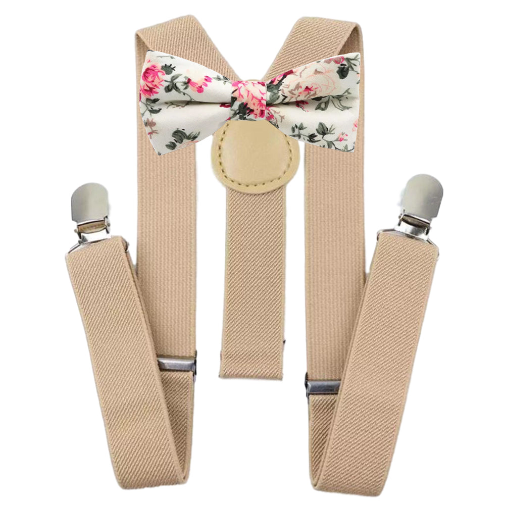 Olivia Boys Cream Floral Bow Tie and Cream Beige Braces