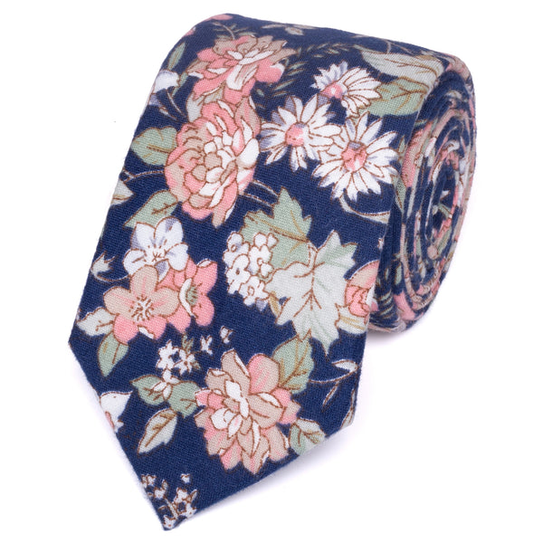 Margot Blue & Pink Floral Cotton Tie and Dusty Rose Pink Pocket Square Set