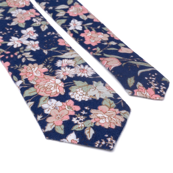 Margot Blue & Pink Floral Cotton Tie and Dusty Rose Pink Pocket Square Set