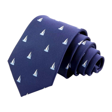 Classic Navy Blue Woven Nautical Sailing Boat Print Tie