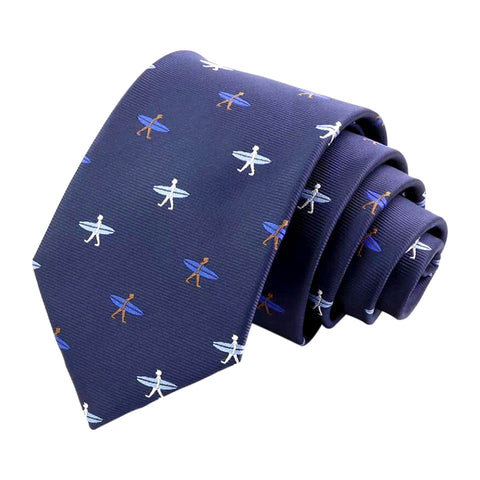 Classic Navy Blue Woven Surfing Board Print Tie