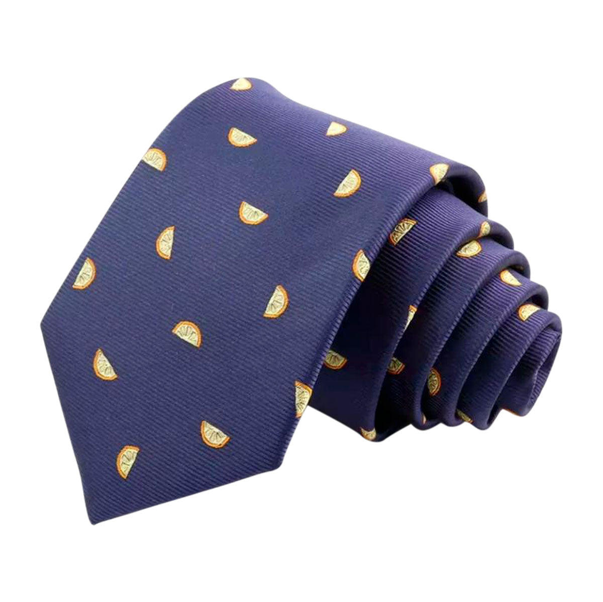 Classic Navy Blue Woven Tropical Lemon Fruit Slice Print Tie