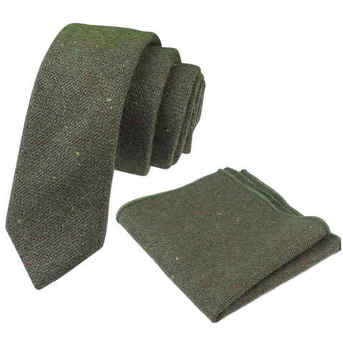 Olive Green Skinny Tweed Tie and Pocket Square Set