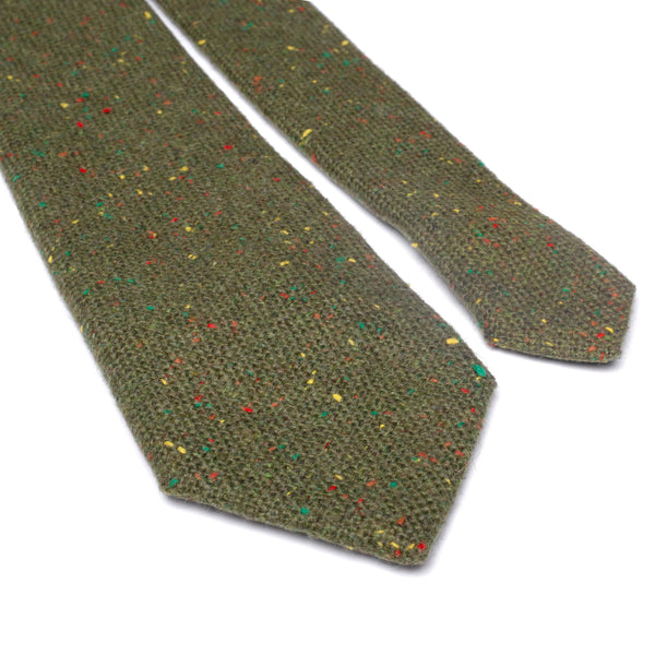 Olive Green Wool Tie and Cream Floral Cotton Pocket Square Set