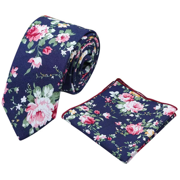 Millie Navy Blue Floral Cotton Skinny Tie & Pocket Square with Navy Blue Plain Adult Braces Set
