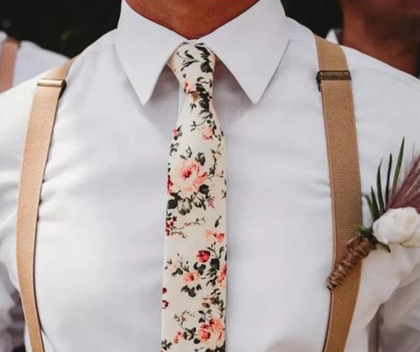 Olivia Cream Floral Cotton Skinny Tie & Pocket Square with Cream Beige Adult Braces Set