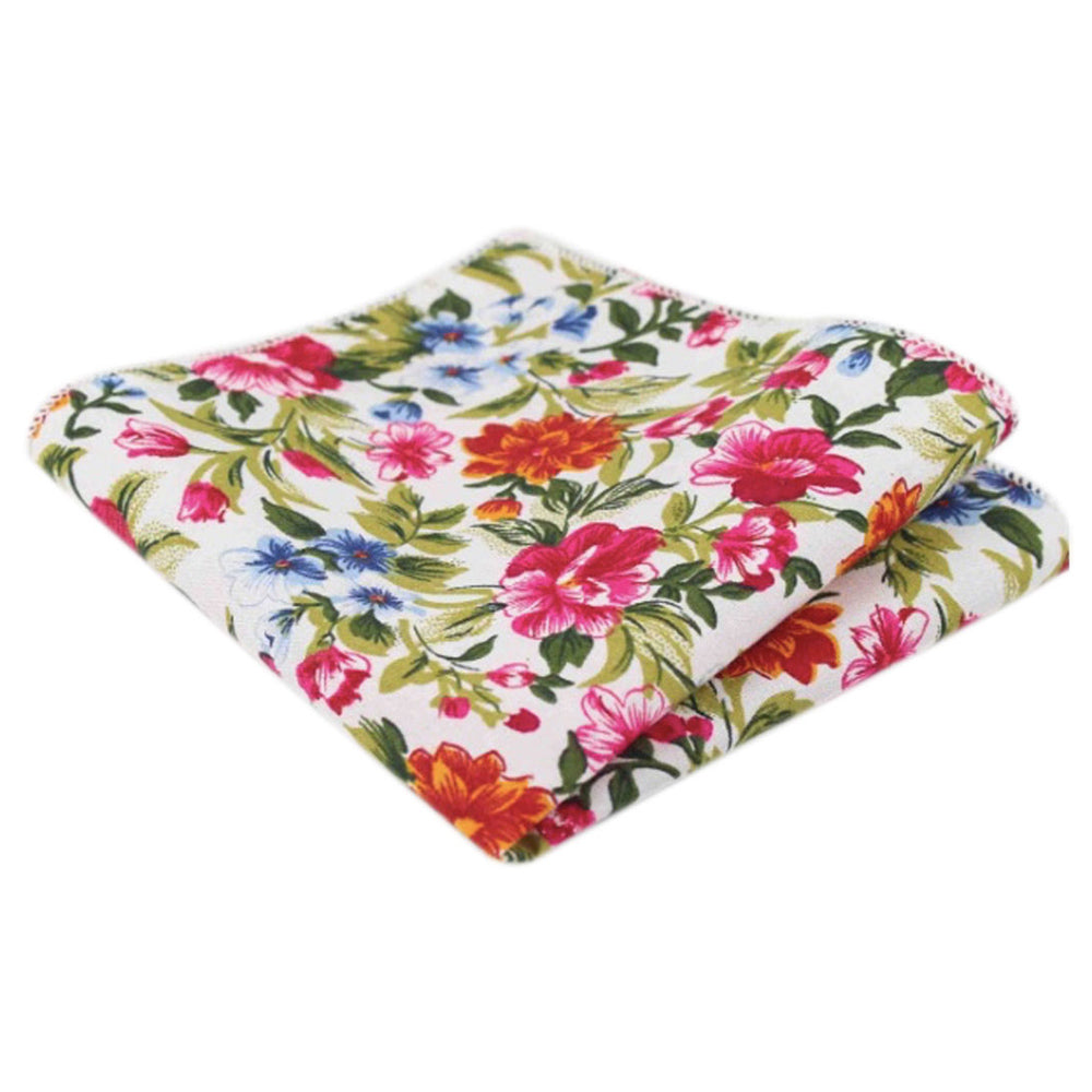 Reya White, Red & Green Floral Cotton Pocket Square