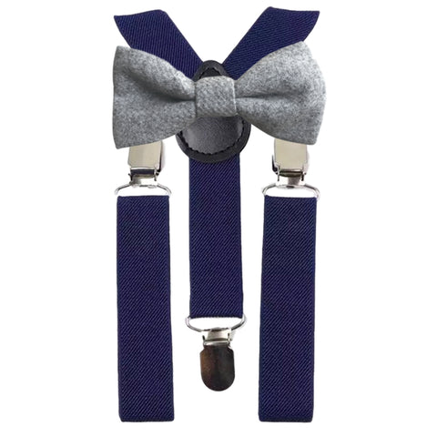 Amelia Boys Grey Tweed Bow Tie and Navy Blue Braces