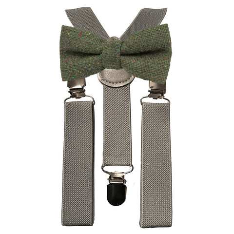 Olive Green Boys Tweed Bow Tie and Grey Braces