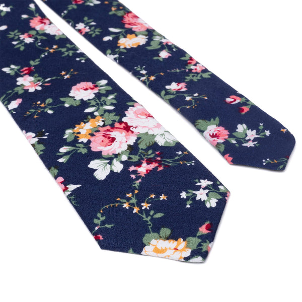 Millie Blue Floral Cotton Tie, Pocket Square and Beige Braces Set