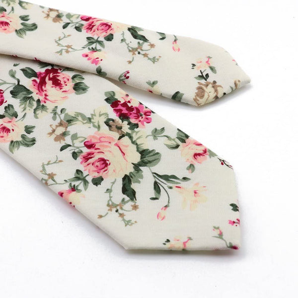 Olivia Cream Floral Cotton Skinny Tie & Pocket Square with Cream Beige Adult Braces Set