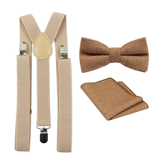 Rufus Tan Brown Wool Bow Tie, Pocket Square and Beige Braces Set