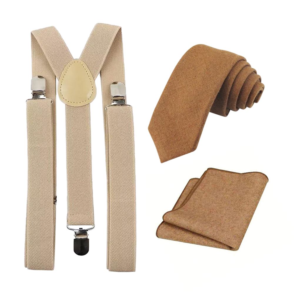 Rufus Tan Brown Wool Tie, Pocket Square and Beige Braces Set