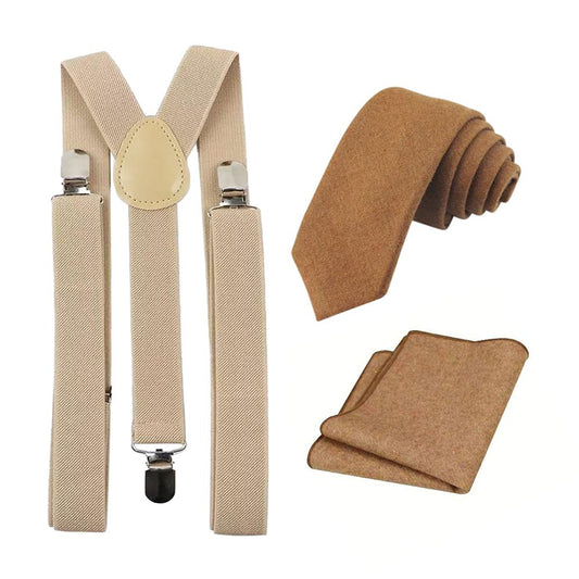 Rufus Tan Brown Wool Tie, Pocket Square and Beige Braces Set
