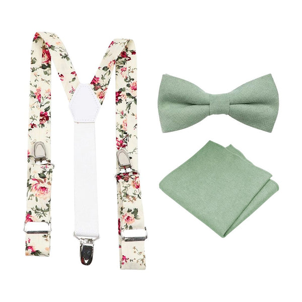 Harrison Sage Green Cotton Bow Tie, Pocket Square and Cream Floral Braces Set