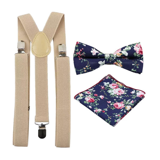 Millie Navy Blue Floral Cotton Bow Tie, Pocket Square and Beige Braces Set
