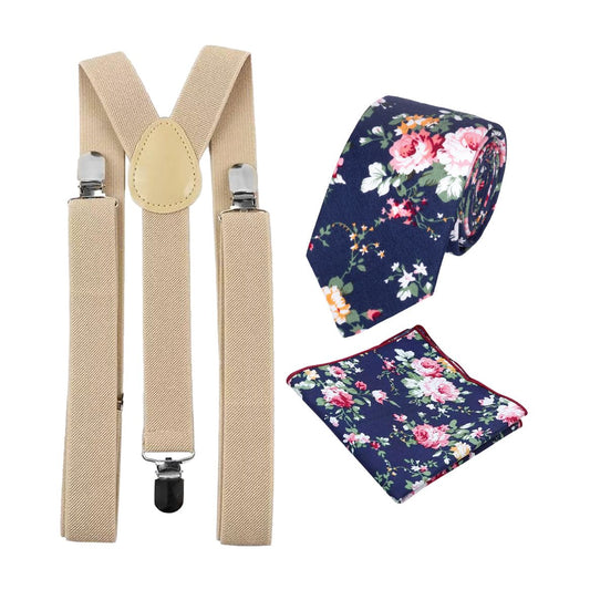 Millie Navy Blue Floral Cotton Tie, Pocket Square and Beige Braces Set
