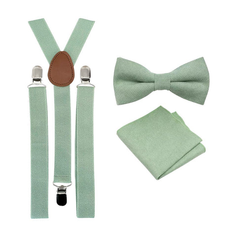 Harrison Sage Green Cotton Bow Tie, Pocket Square and Eucalyptus Braces Set