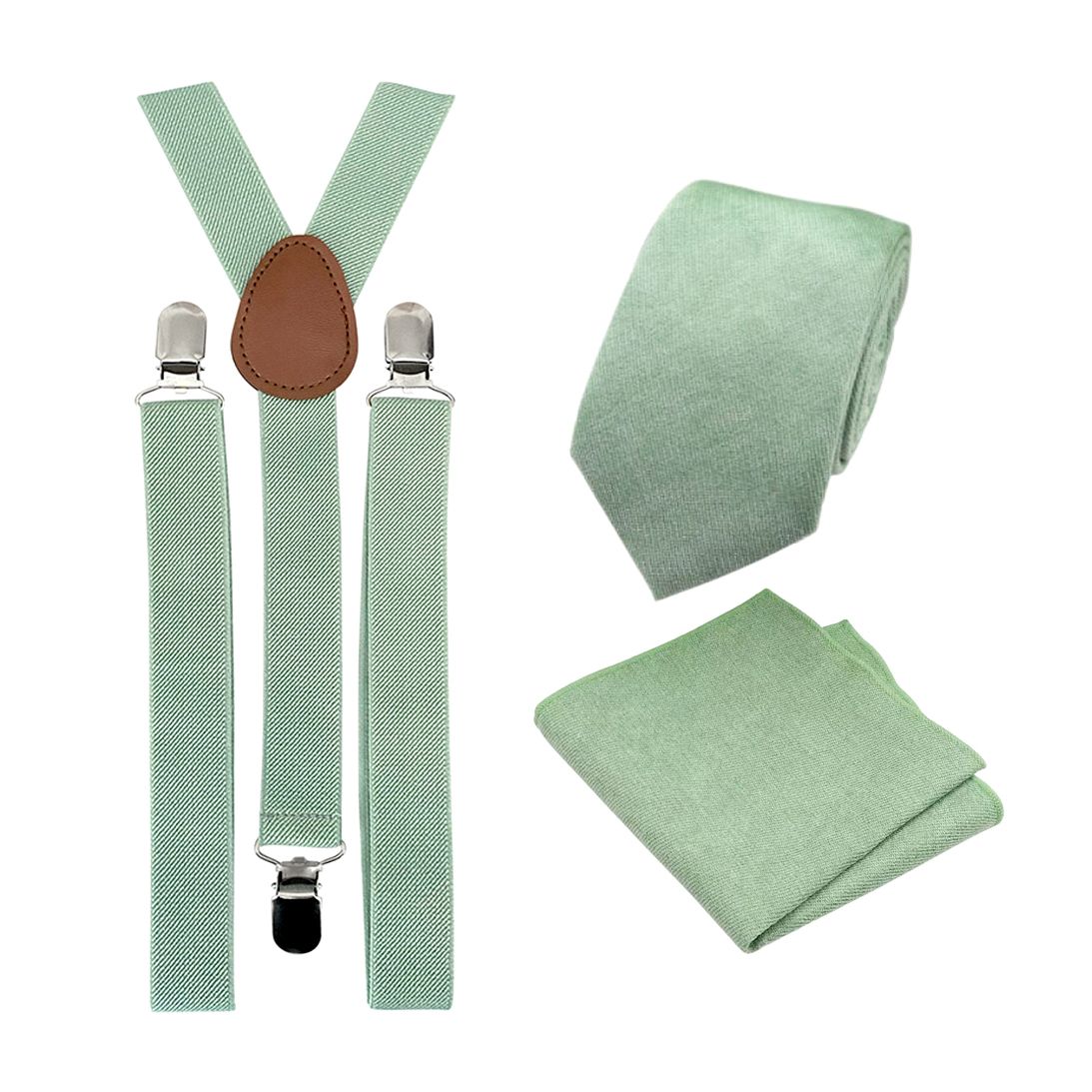 Harrison Sage Green Cotton Tie, Pocket Square and sage Green Braces Set