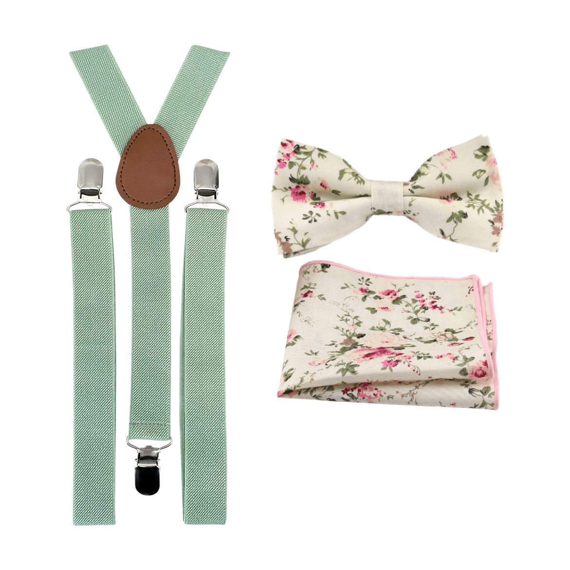 Olivia Cream Floral Cotton Bow Tie, Pocket Square and Eucalyptus Green Braces Set