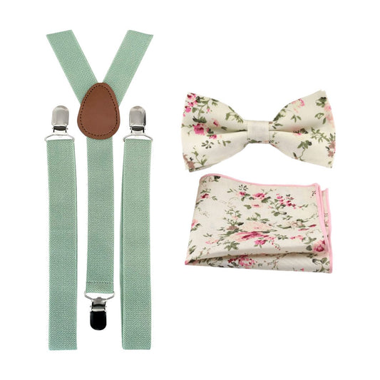 Olivia Cream Floral Cotton Bow Tie, Pocket Square and Eucalyptus Green Braces Set