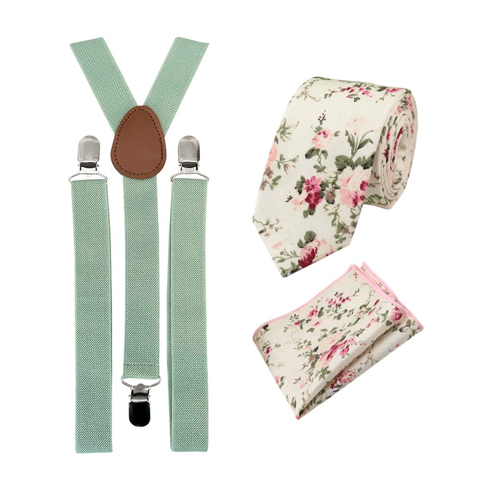 Olivia Cream Floral Cotton Tie, Pocket Square and Eucalyptus Green Braces Set