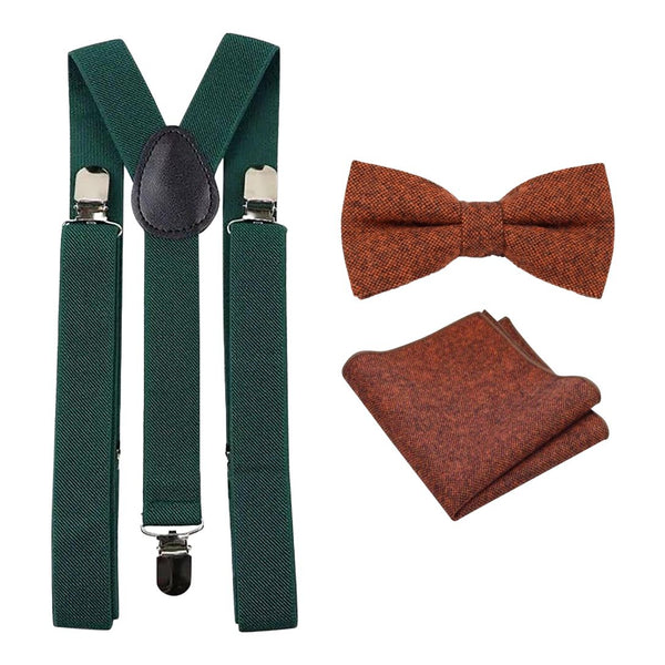 Charlie Burnt Orange Wool Bow Tie, Pocket Square and Emerald Green Braces Set