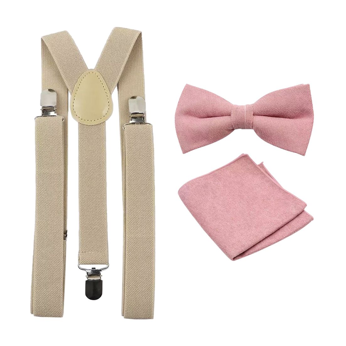 Rose Dusty Pink Cotton Bow Tie, Pocket Square and Beige Braces Set
