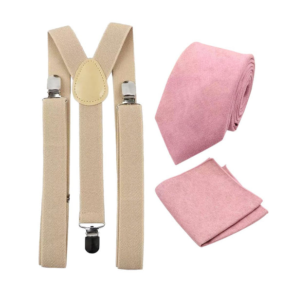 Rose Dusty Pink Cotton Tie, Pocket Square and Beige Braces Set