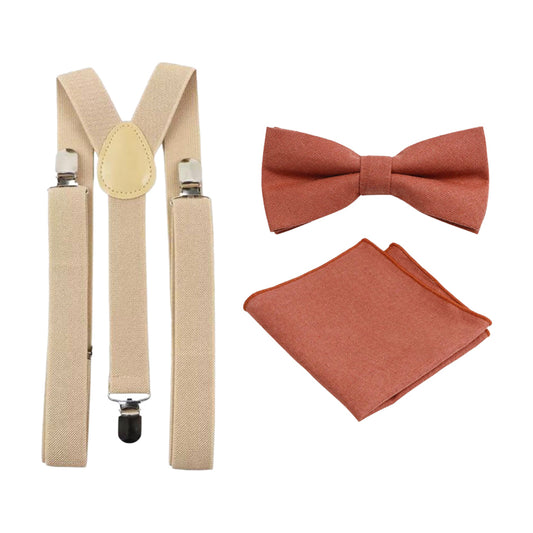 Calvin Burnt Coral Cotton Bow Tie, Pocket Square and Cream Braces Set