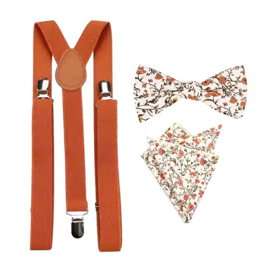 Otto Dusty Orange, Cream & Moss Greens Floral Print Cotton Bow Tie, Pocket Square and Burnt Orange Braces Set