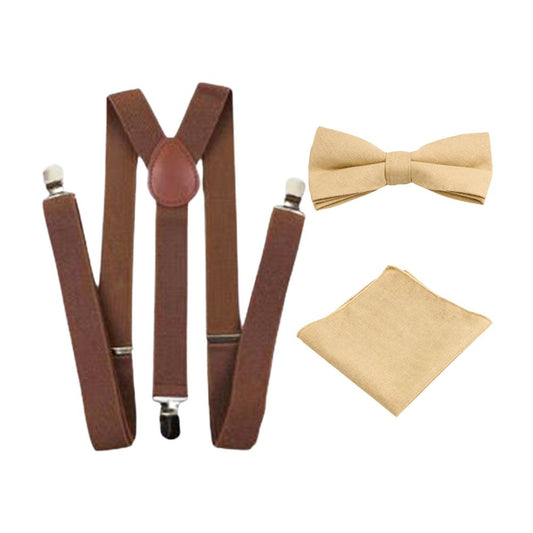 Perri Champagne Beige Cotton Bow Tie, Pocket Square and Brown Braces Set